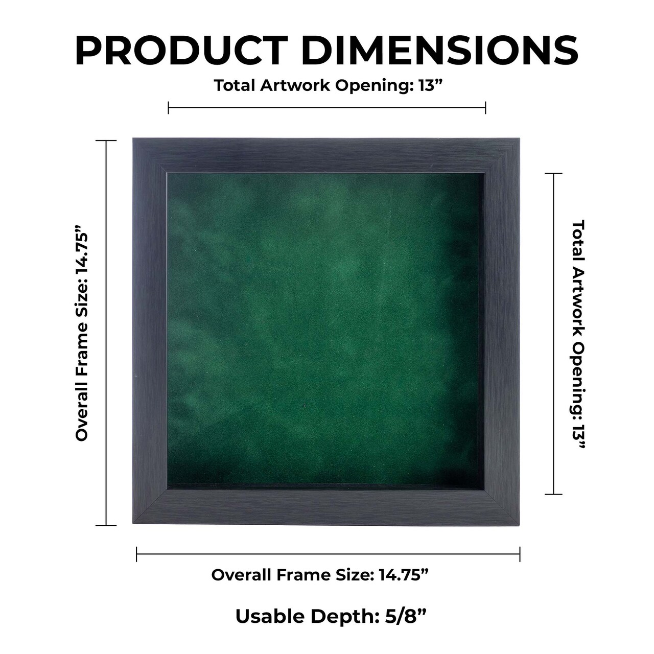 Elegant Charcoal Wood Shadow Box Frame with Acrylic Front - Forest Green Suede Backing, 30 Sizes